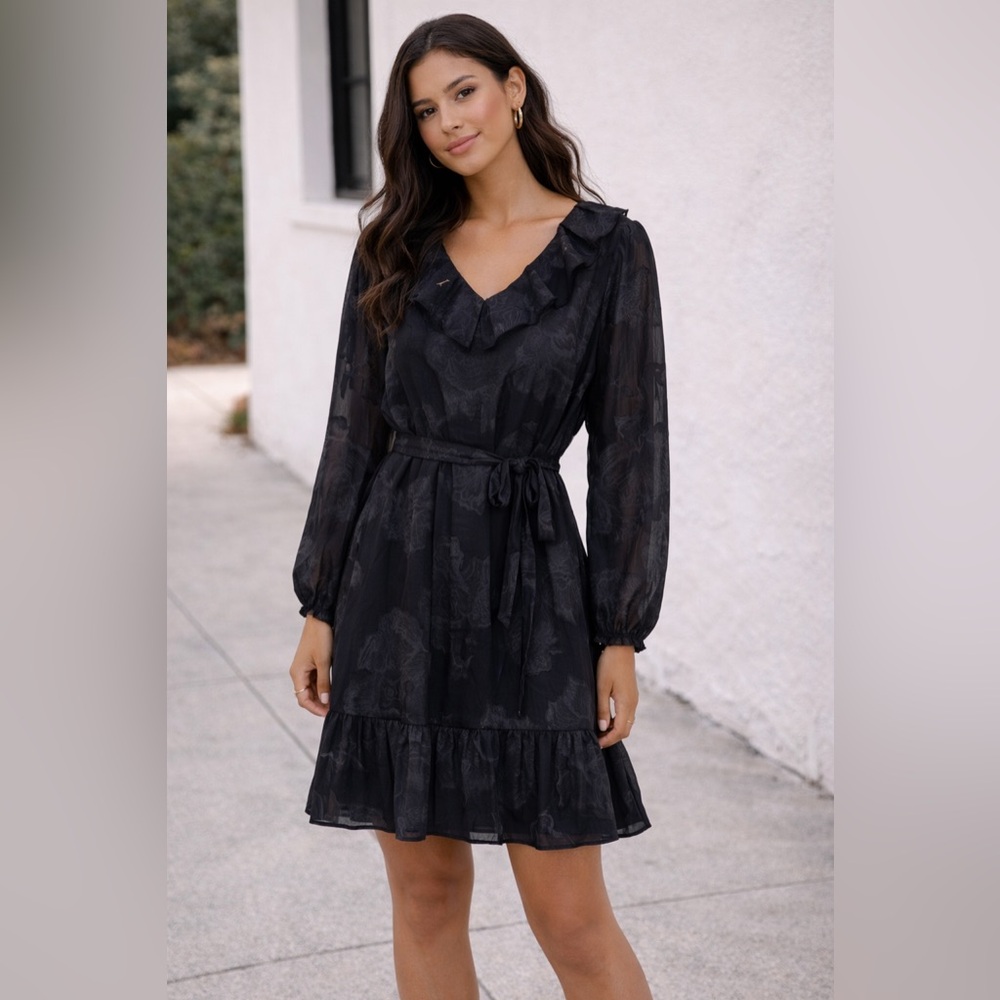Joie Black Floral Burnout Sheer Long Sleeve Tie Wrap Dress - Size Medium